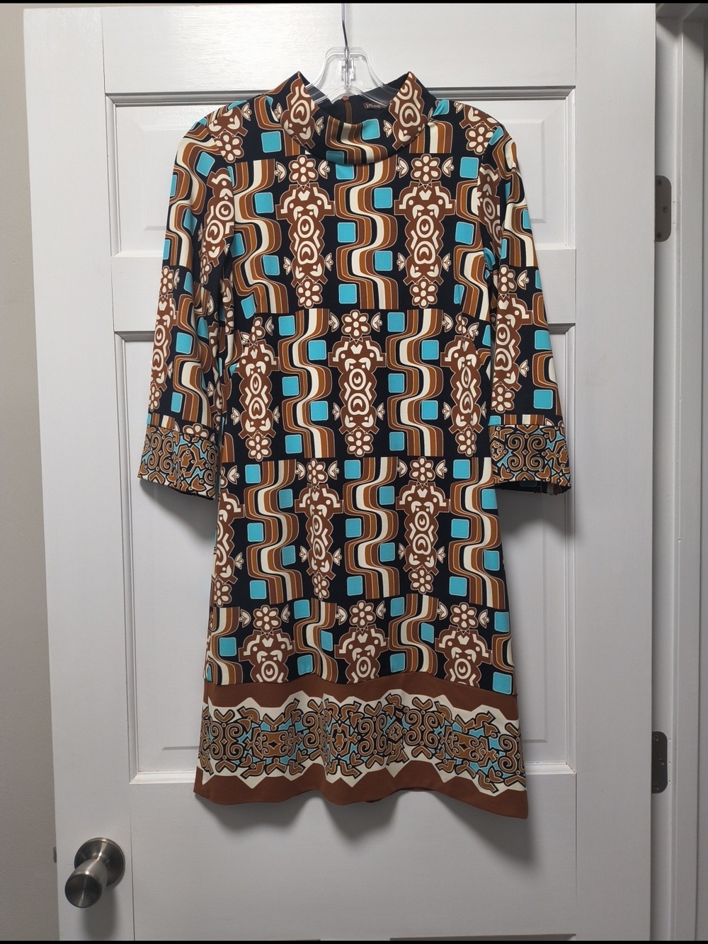 J.McLaughlin Sheath Dress Catalina Cloth XS Brown Polynesian Print 3/4 Sleeve VG